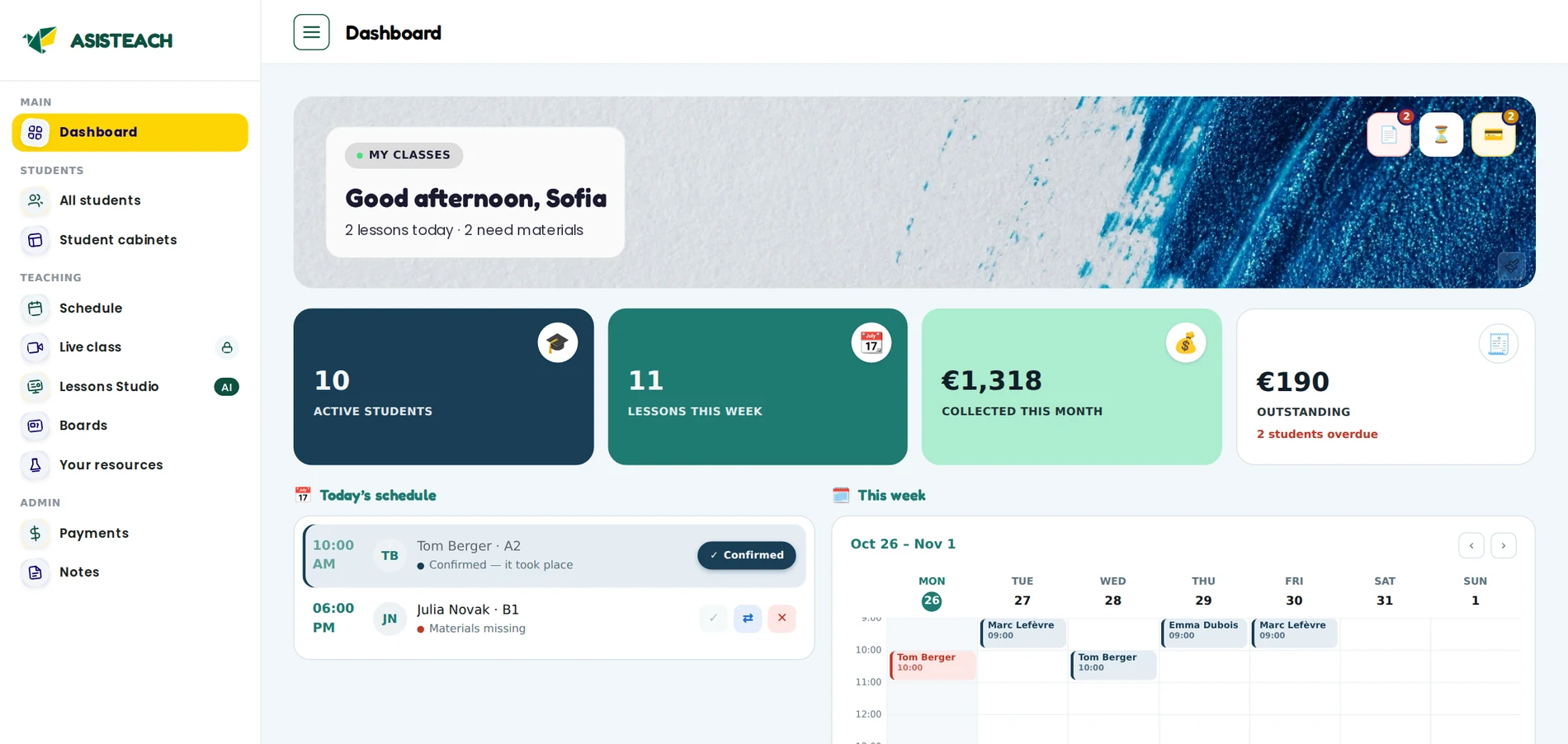 The ASISTEACH dashboard of an independent tutor: ten students, eleven lessons this week, money collected and still owed, today's lessons and the week ahead